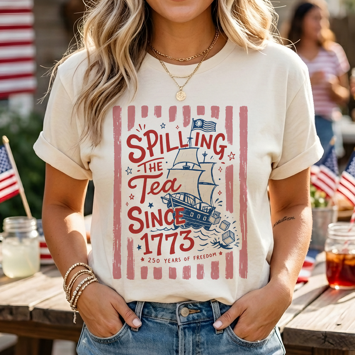 Striped Spilling The Tea Since 1773 T-Shirt, Funny 4th Of July, Patriotic USA 4th Of July Party Shirt