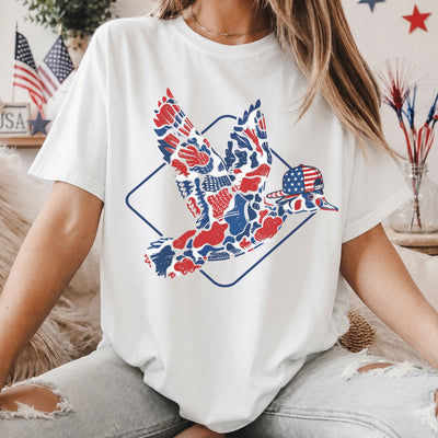 Camo Flying Mallard Duck 4th Of July T-Shirt, Patriotic Duck Hunting Tee, USA Red White Blue Shirt