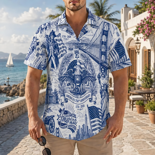 America 250 Hawaiian Shirt For Men, Freedom 1776-2026 Patriotic Button Up, Vintage USA Anniversary Shirt, July 4th Hawaiian Shirt