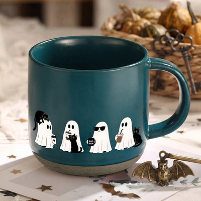 Too Cute to Spook Pottery Mug, Ghost & Black Cat Halloween Mug,  Fall Coffee Lover Gift