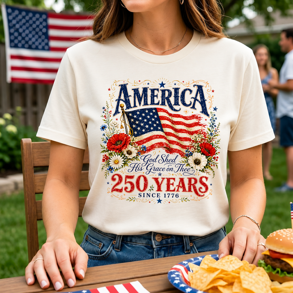 250 Years Since 1776 God Shed His Grace on Thee T-Shirt,  250 Years Flag &amp; Poppies Shirt, Patriotic Floral T-Shirt