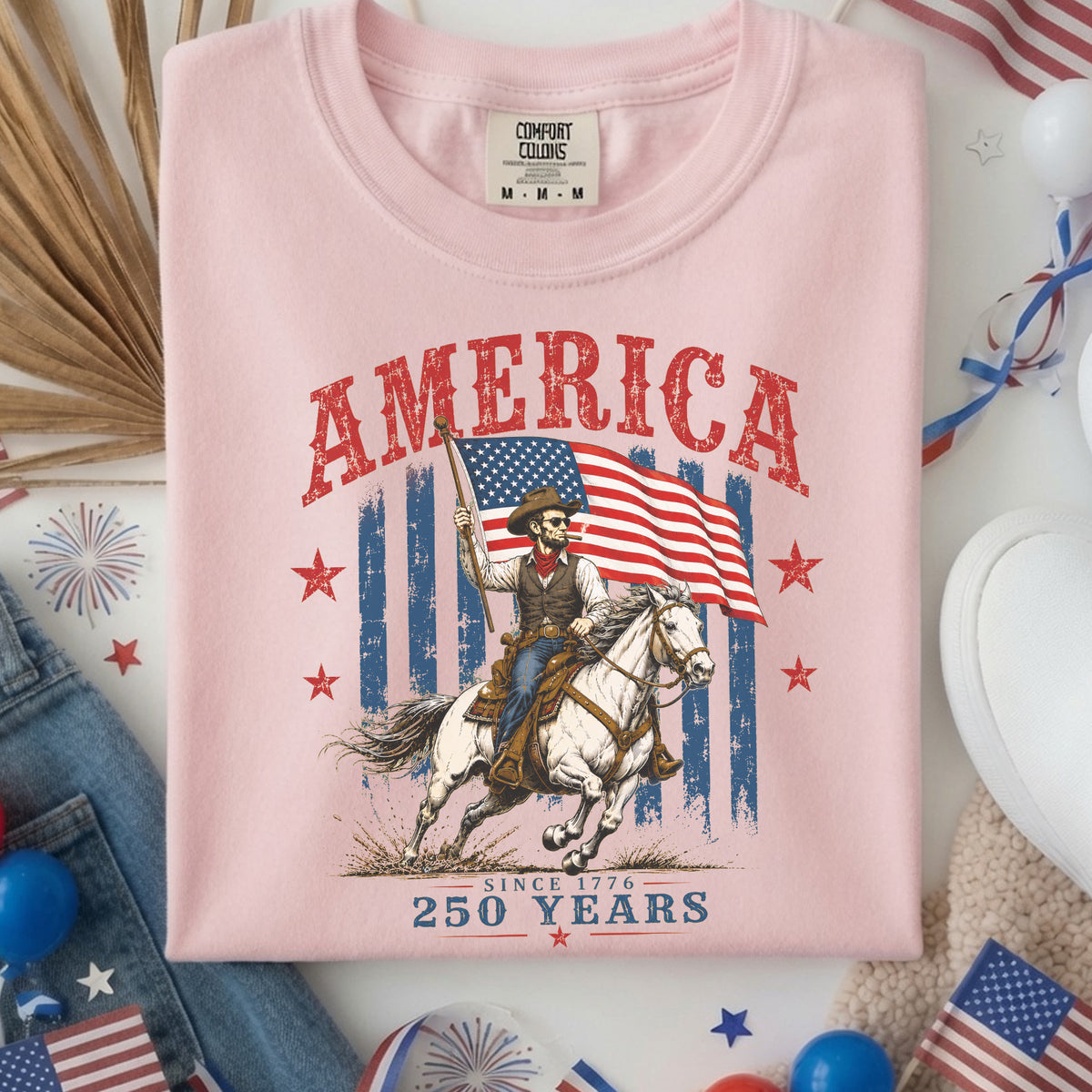 Abraham Lincoln Cowboy Shirt, USA 250th Anniversary Tee, Patriotic Horse Western Shirt, Independence Day America Shirt