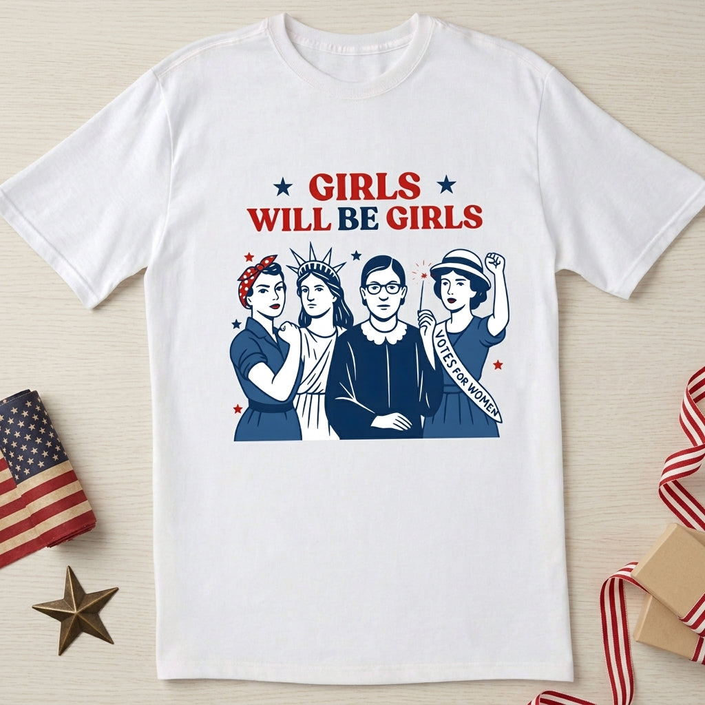 Girls Will be Girls T-Shirt, Patriotic Feminist 4th of July Tee, Strong American Women Shirt, Independence Day Gift for Her