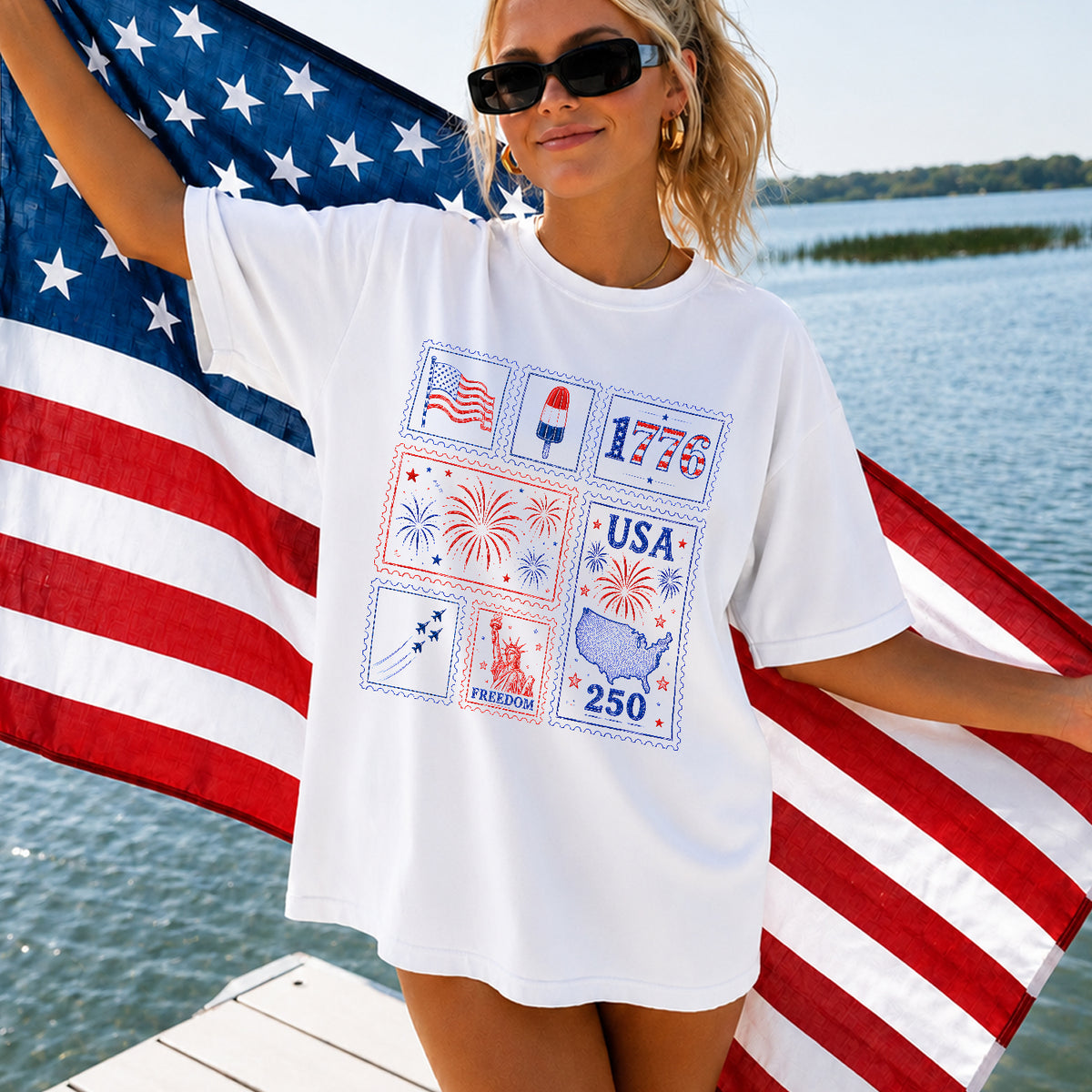 Patriotic Stamp Shirt, USA 250 Vintage America, 4th of July T Shirt, Retro Patriotic Shirt, American Flag Shirt