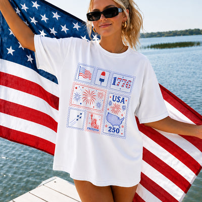 Patriotic Stamp Shirt, USA 250 Vintage America, 4th of July T Shirt, Retro Patriotic Shirt, American Flag Shirt
