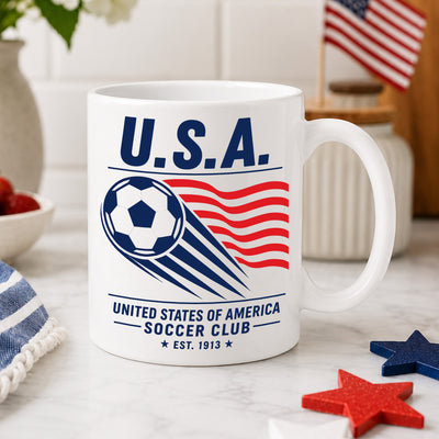 United States Soccer Club Mug, Vintage USA Soccer Coffee Cup, Patriotic Sports Gift