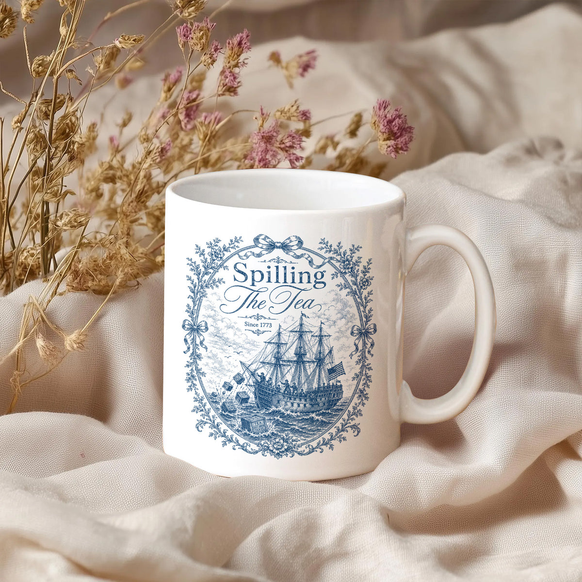 Blue Toile Spilling The Tea Since 1773 Mug, Vintage Patriotic White Mug, America 250th Anniversary Mug, Boston Tea Party Coffee Cup