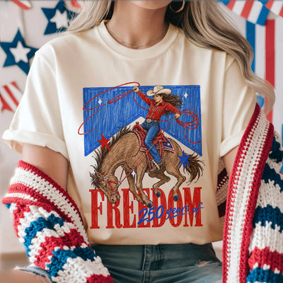 Freedom 250 Years Cowgirl Shirt, Patriotic Western Rodeo Girl Shirt Design, America 250th Birthday, Fourth of July USA Cowgirl