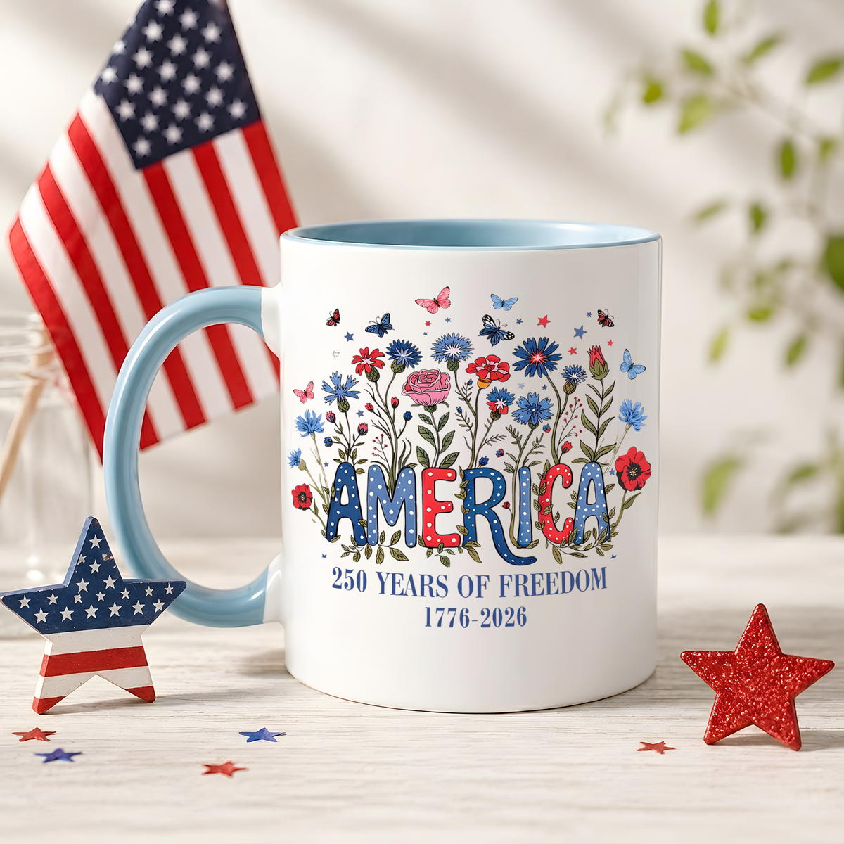 Floral 250th Anniversary Mug, Wildflower Independence Day Coffee Cup
