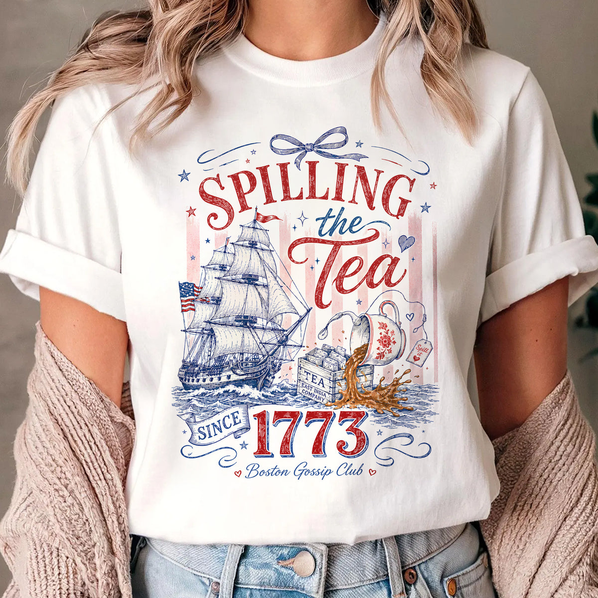 Patriotic Bow Coquette Shirt, Spilling The Tea Since 1773 Tee, Vintage USA Celebration Shirt