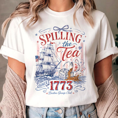 Patriotic Bow Coquette Shirt, Spilling The Tea Since 1773 Tee, Vintage USA Celebration Shirt