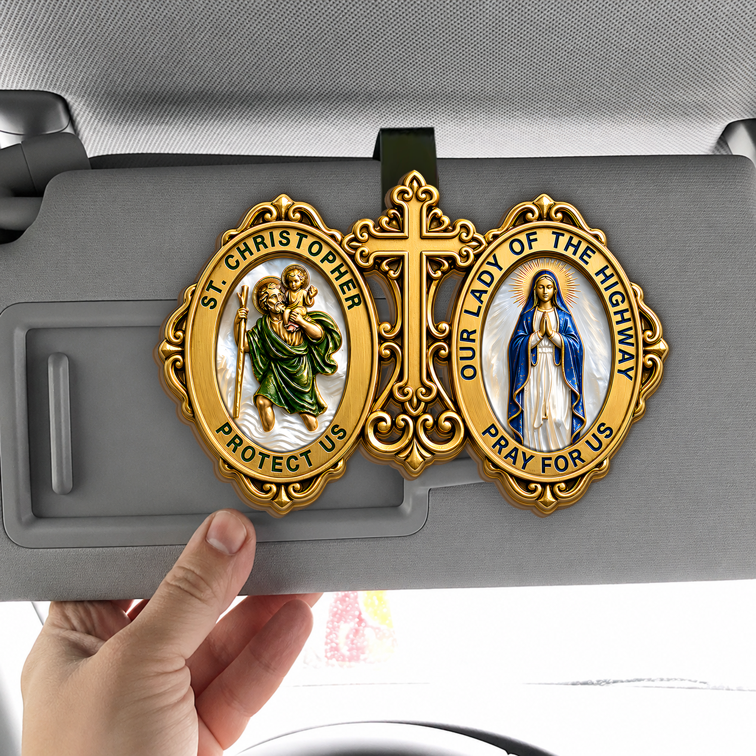 St. Christopher & Our Lady Of The Highway Protect Us - Catholic Car Visor Clip, Patron Saint Gift for Drivers, Travel Safety Gift
