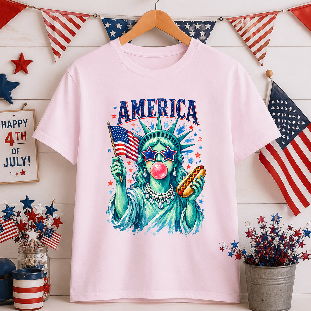 Brushstroke Statue of Liberty Shirt, Girly Blowing Bubble Holding Hot Dog, USA Shirt, America 4th July  Design