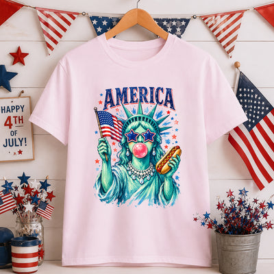 Brushstroke Statue of Liberty Shirt, Girly Blowing Bubble Holding Hot Dog, USA Shirt, America 4th July  Design