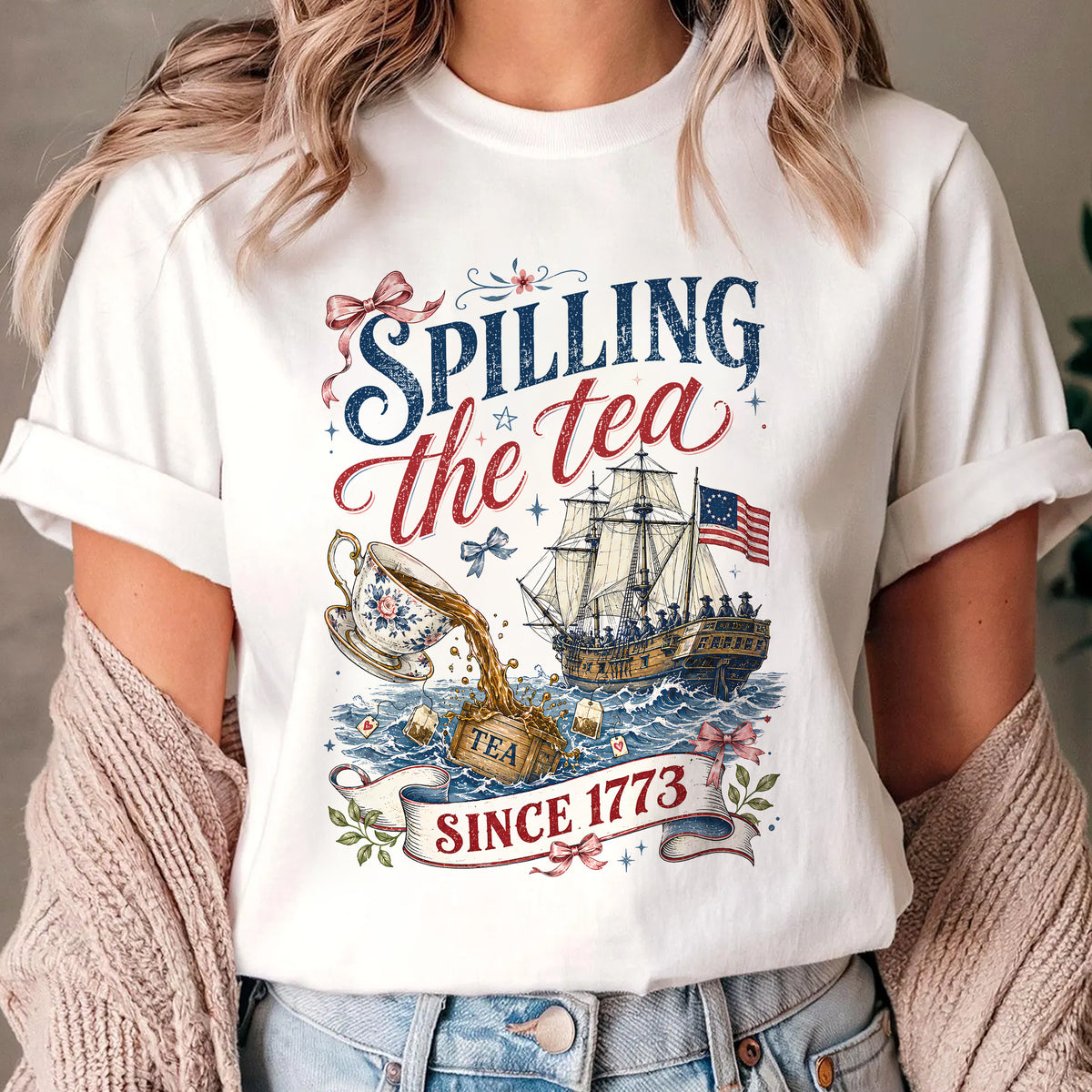 Vintage Patriotic Shirt, Spilling The Tea Since 1773 Tee, Bow Coquette Vintage USA Celebration Shirt
