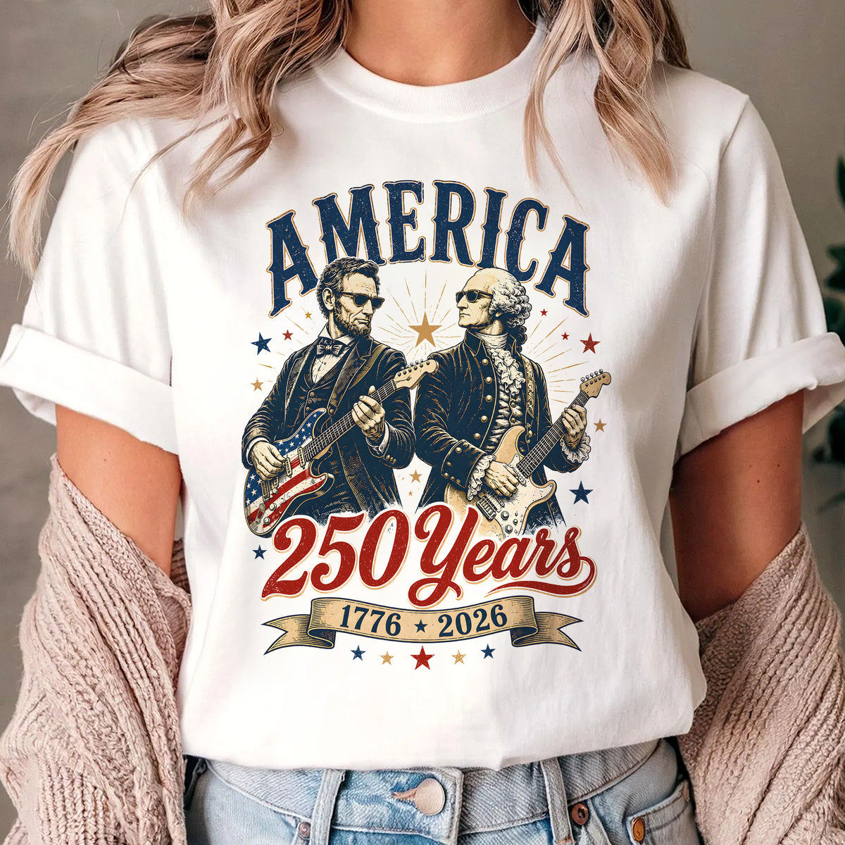 Distressed George Washington Abraham Lincoln Playing Guitar T-shirt, America 250 Years T-Shirt, 1776 2026 USA Anniversary Shirt