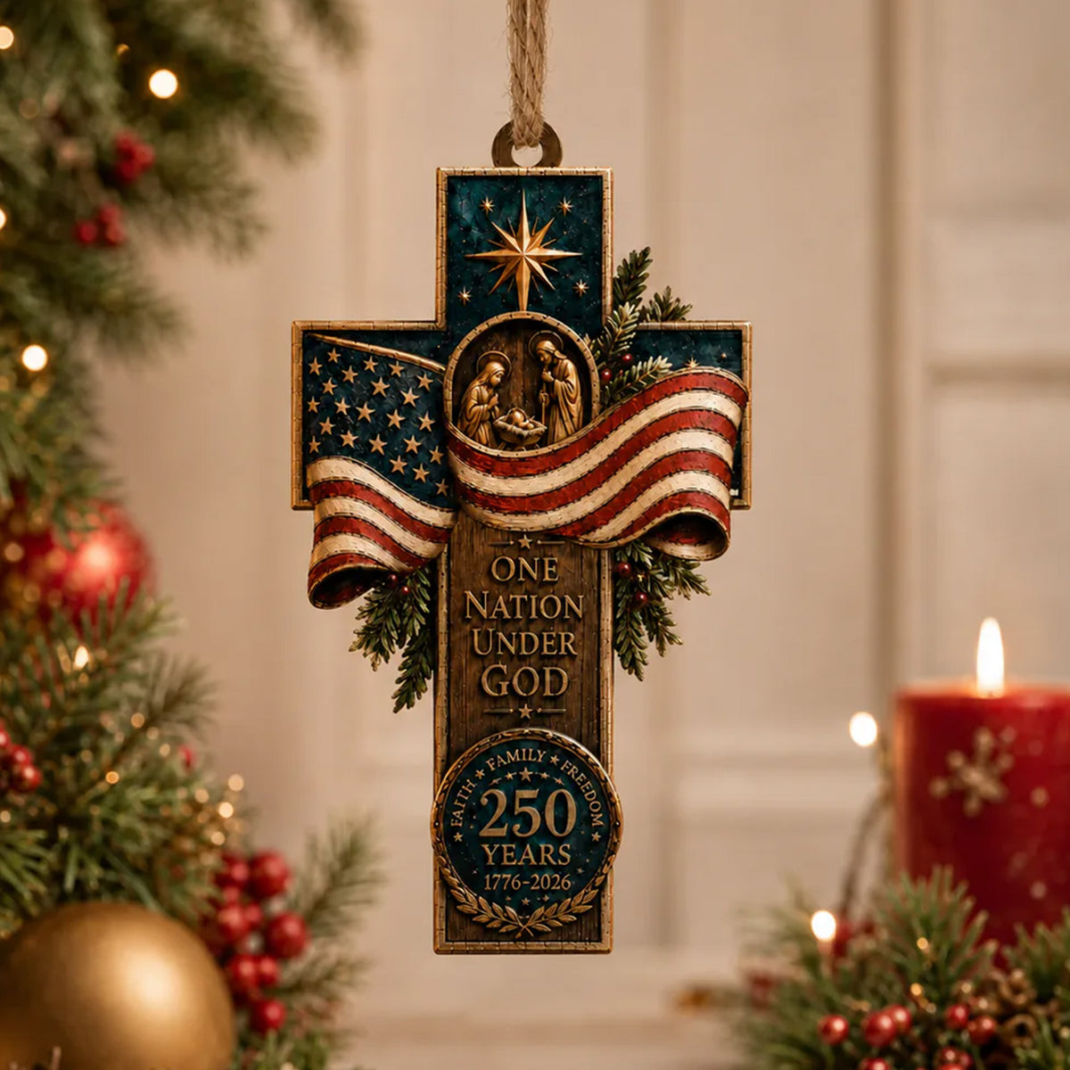 One Nation Under God - Personalized Wooden Ornament, Faith Family Freedom, Patriotic Cross Decor