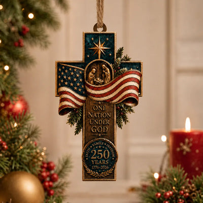 One Nation Under God - Personalized Wooden Ornament, Faith Family Freedom, Patriotic Cross Decor