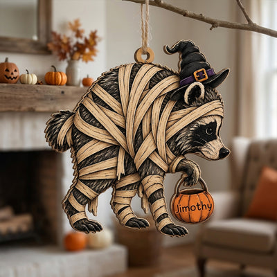 Trick or Trash, It’s Halloween Wooden Ornament, Jimothy Raccoon Halloween Ornament, Cute Mummy Animal Decor, Spooky Season Gift