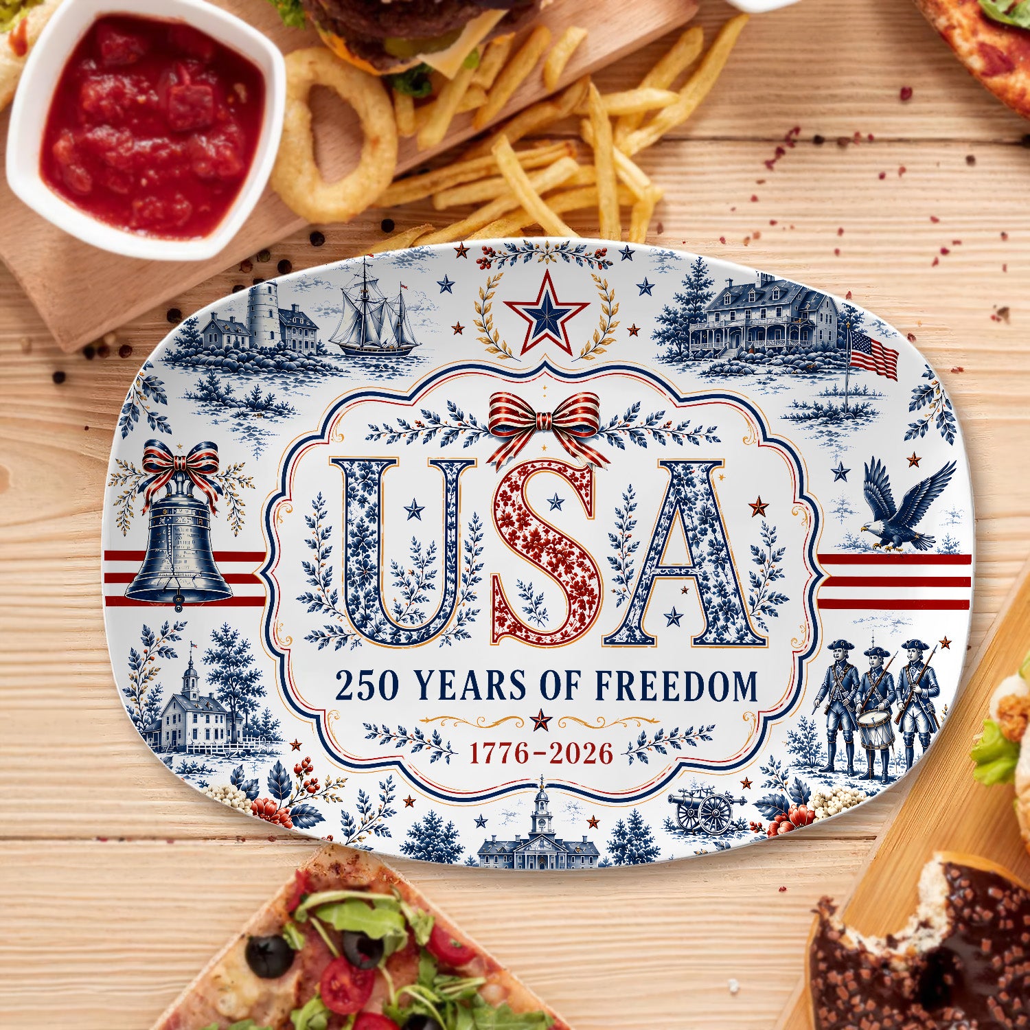 USA 250 Years Of Freedom Serving Platter, Vintage Americana Toile