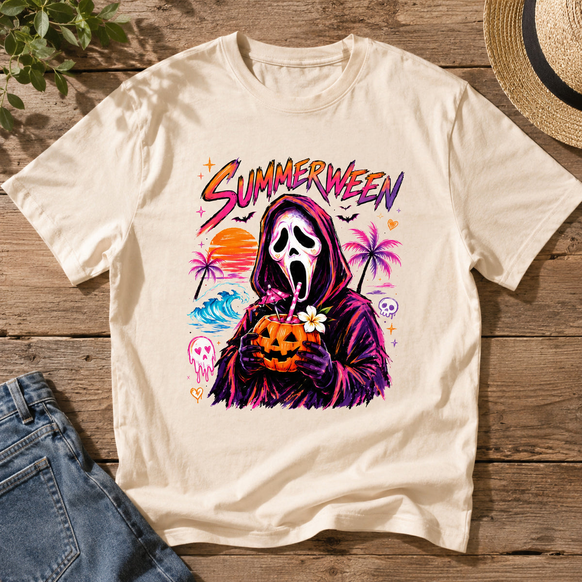 Spooky But Make It Tropical - Personalized T-shirt, Summerween Shirt, Retro Horror Summer Tee