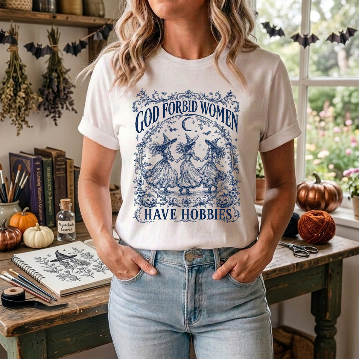 God Forbid Women Have Hobbies T-Shirt, Blue Toile Witch Tee, Vintage Halloween Aesthetic Shirt