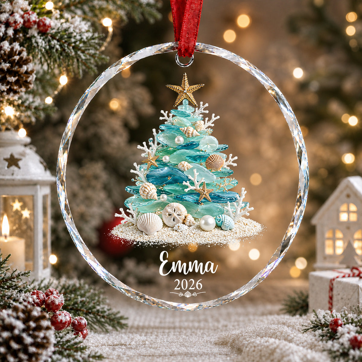 Sea Glass Christmas Tree - Personalized Glass Ornament, Coastal Holiday Keepsake, Custom Sea Glass Ornament