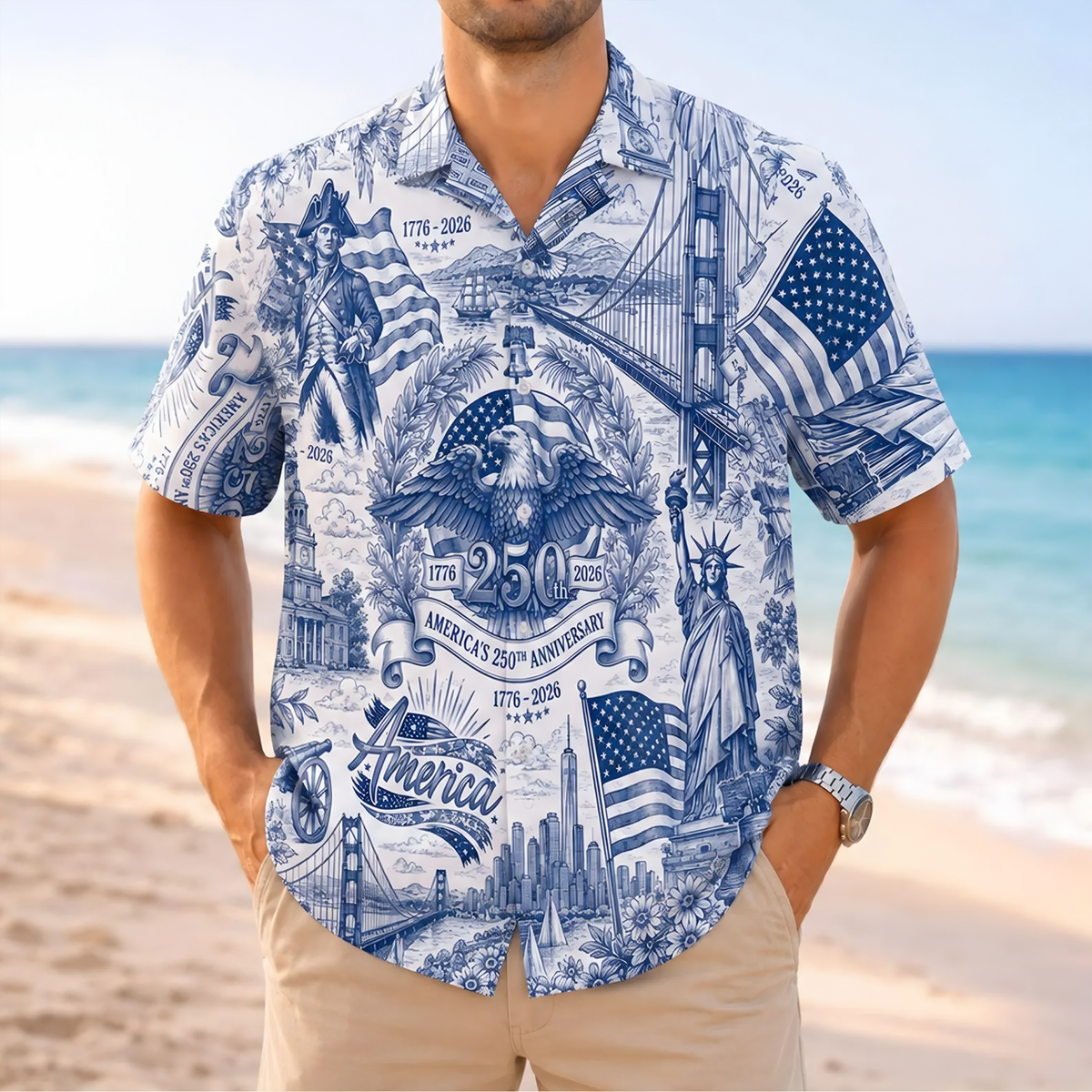 America 250 Hawaiian Shirt For Men, Freedom 1776-2026 Patriotic Button Up, Vintage USA Anniversary Shirt, July 4th Hawaiian Shirt