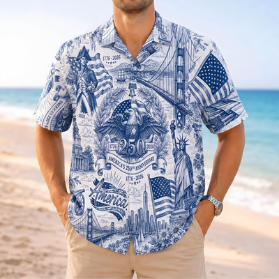 America 250 Hawaiian Shirt For Men, Freedom 1776-2026 Patriotic Button Up, Vintage USA Anniversary Shirt, July 4th Hawaiian Shirt