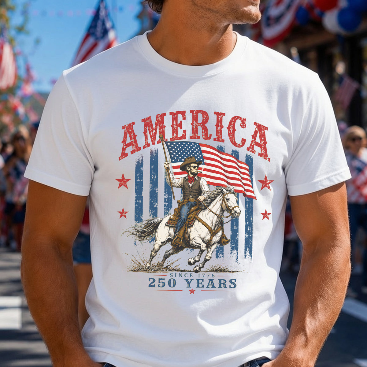 Abraham Lincoln Cowboy Shirt, USA 250th Anniversary Tee, Patriotic Horse Western Shirt, Independence Day America Shirt