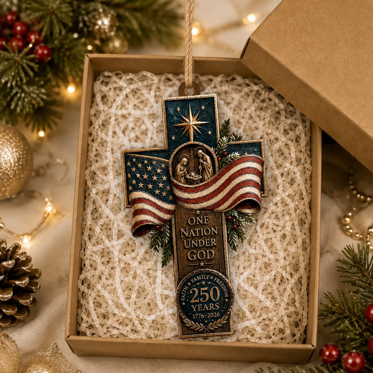One Nation Under God - Personalized Wooden Ornament, Faith Family Freedom, Patriotic Cross Decor