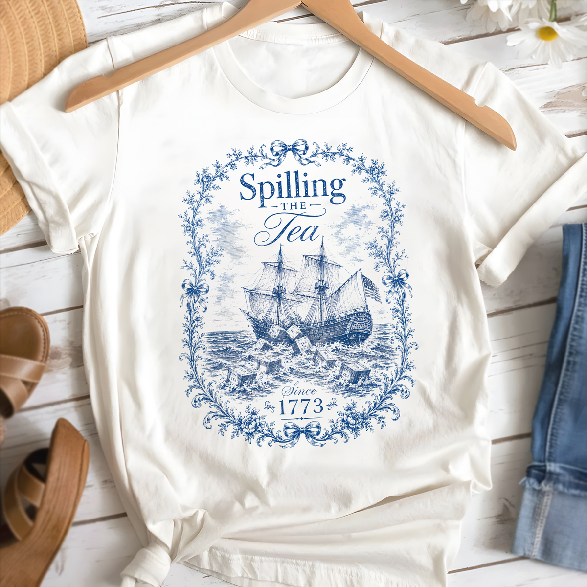 Blue Toile De Jouy Spilling The Tea Since 1773 T-Shirt, Vintage USA Celebration Shirt, 4th of July Shirt