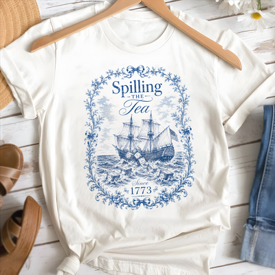 Blue Toile De Jouy Spilling The Tea Since 1773 T-Shirt, Vintage USA Celebration Shirt, 4th of July Shirt
