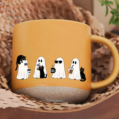 Too Cute to Spook Pottery Mug, Ghost & Black Cat Halloween Mug,  Fall Coffee Lover Gift