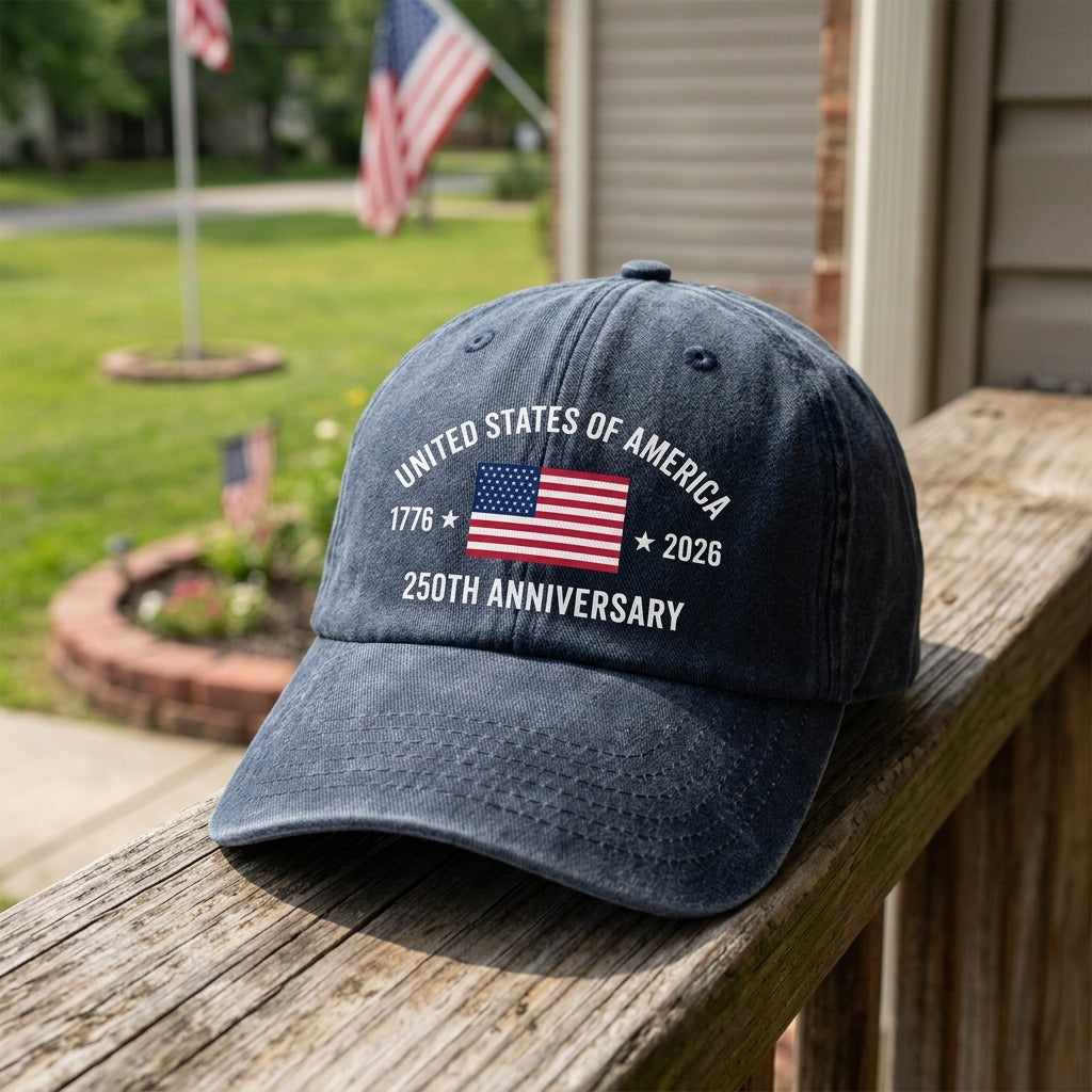 America 250th Anniversary Flag Logo Vintage Washed Denim Cap , Independence Baseball Cap, USA 250 Years Gift