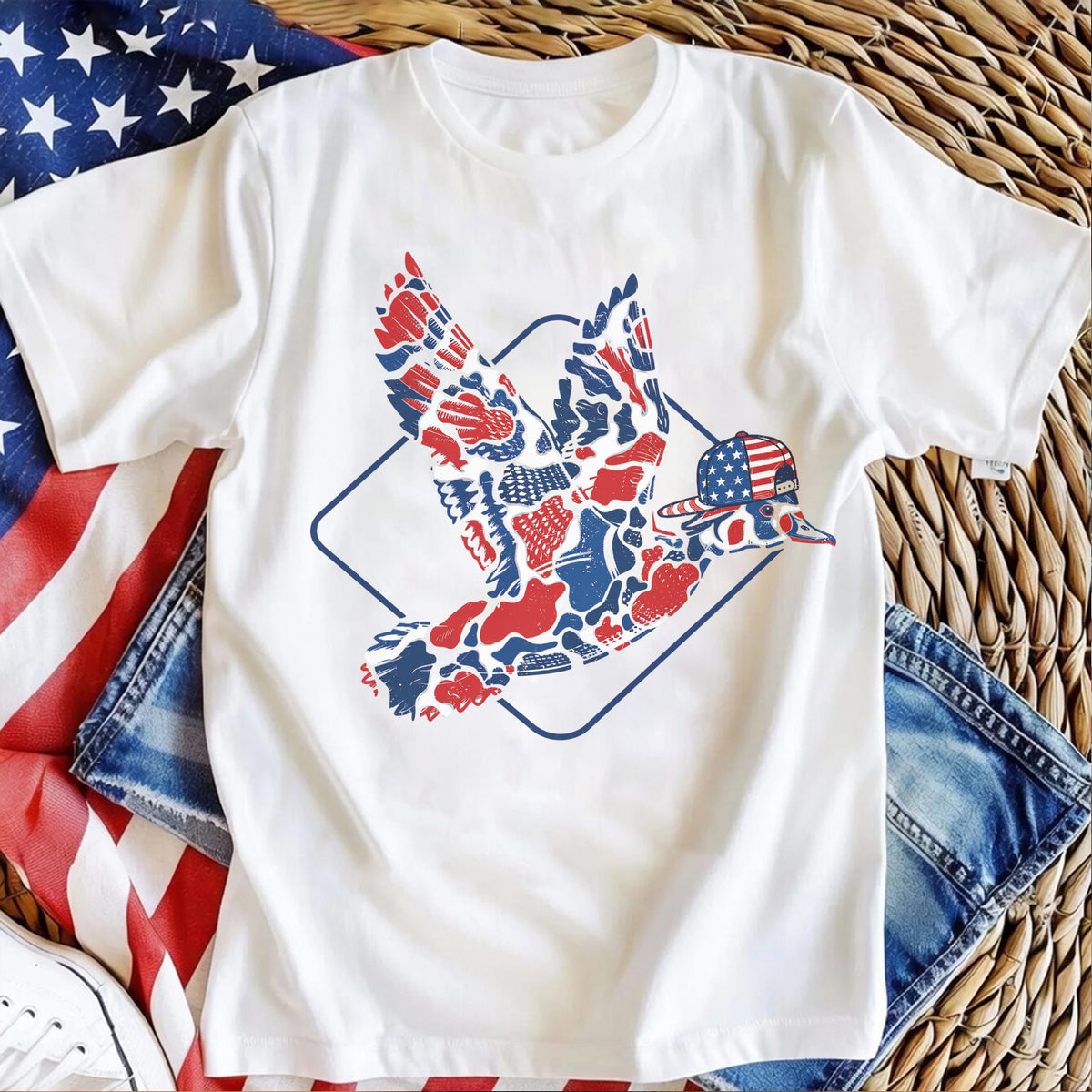 Camo Flying Mallard Duck 4th Of July T-Shirt, Patriotic Duck Hunting Tee, USA Red White Blue Shirt