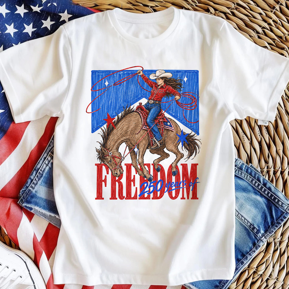 Freedom 250 Years Cowgirl Shirt, Patriotic Western Rodeo Girl Shirt Design, America 250th Birthday, Fourth of July USA Cowgirl