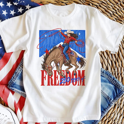 Freedom 250 Years Cowgirl Shirt, Patriotic Western Rodeo Girl Shirt Design, America 250th Birthday, Fourth of July USA Cowgirl