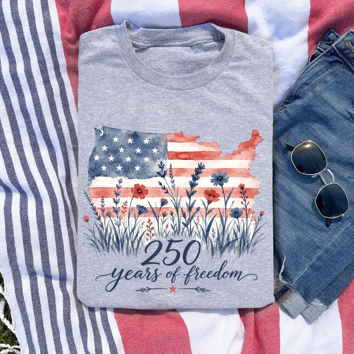 Womens Patriotic T-Shirt, 250 Years Of Freedom Floral Tee, America 250 Shirt, Fourth Of July Wildflower Top, Semiquincentennial Shirt