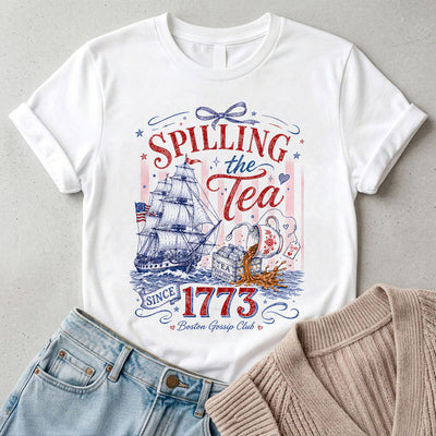 Patriotic Bow Coquette Shirt, Spilling The Tea Since 1773 Tee, Vintage USA Celebration Shirt