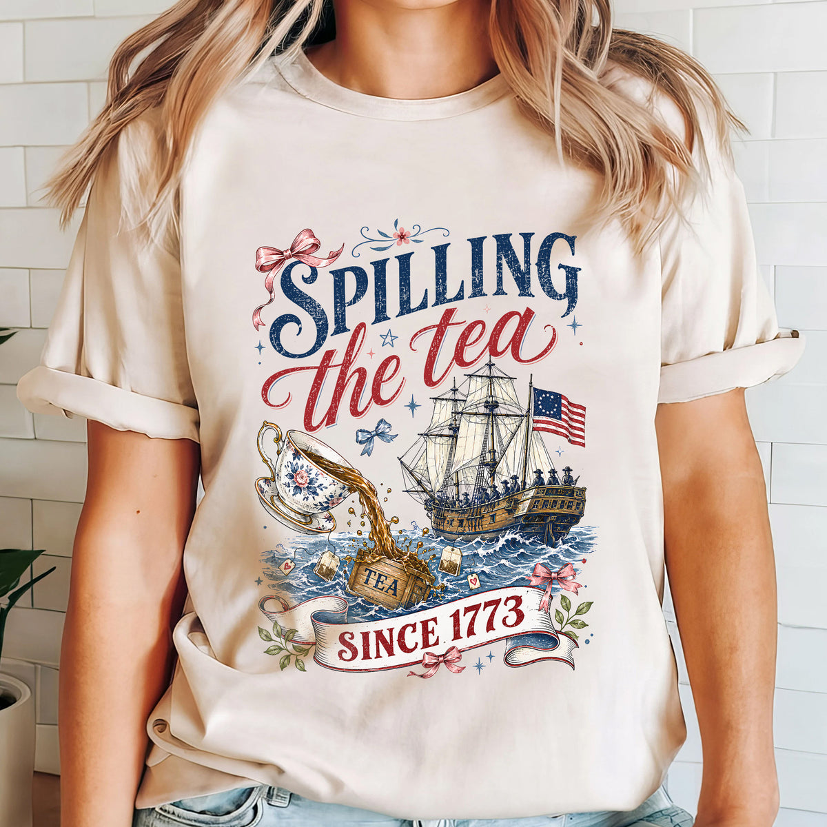 Vintage Patriotic Shirt, Spilling The Tea Since 1773 Tee, Bow Coquette Vintage USA Celebration Shirt