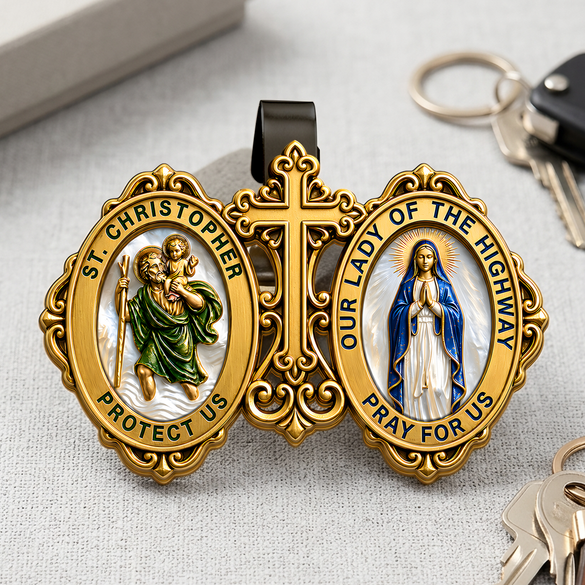 St. Christopher & Our Lady Of The Highway Protect Us - Catholic Car Visor Clip, Patron Saint Gift for Drivers, Travel Safety Gift
