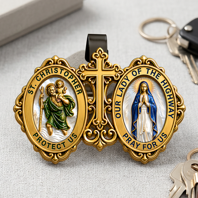 St. Christopher & Our Lady Of The Highway Protect Us - Catholic Car Visor Clip, Patron Saint Gift for Drivers, Travel Safety Gift