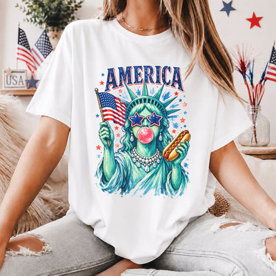 Brushstroke Statue of Liberty Shirt, Girly Blowing Bubble Holding Hot Dog, USA Shirt, America 4th July  Design