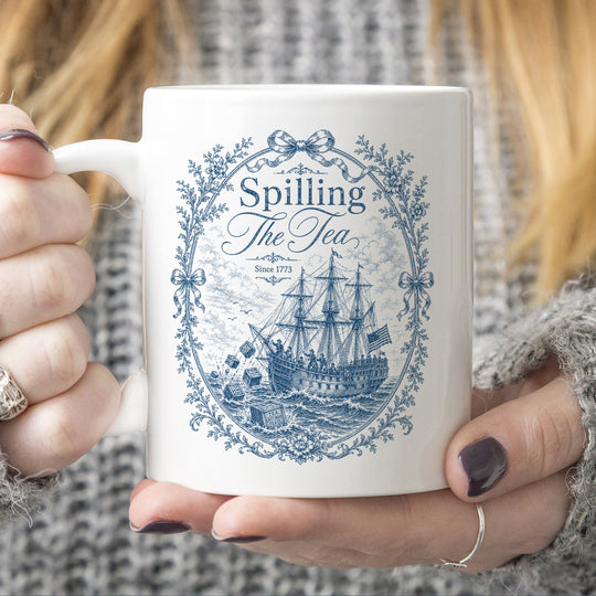 Blue Toile Spilling The Tea Since 1773 Mug, Vintage Patriotic White Mug, America 250th Anniversary Mug, Boston Tea Party Coffee Cup