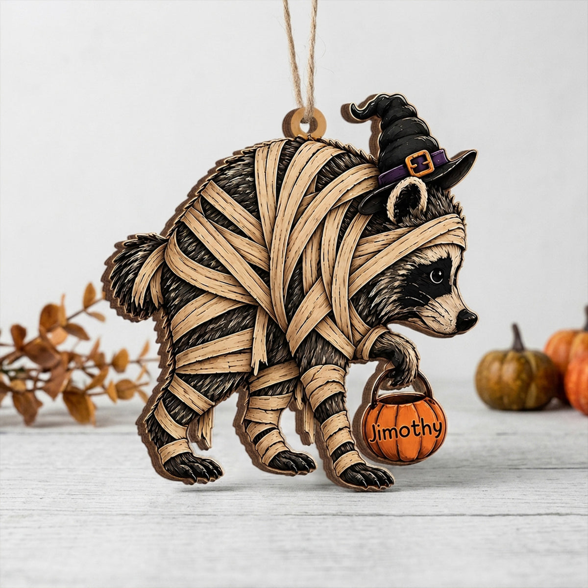 Trick or Trash, It’s Halloween Wooden Ornament, Jimothy Raccoon Halloween Ornament, Cute Mummy Animal Decor, Spooky Season Gift