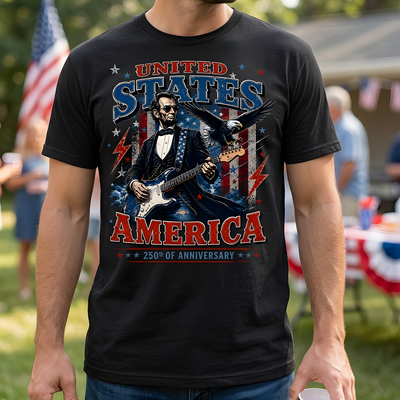 Abraham Lincoln Guitar Shirt, United States of America 250th Anniversary Shirt, Patriotic Rock Guitar Tee, USA Independence Day Shirt
