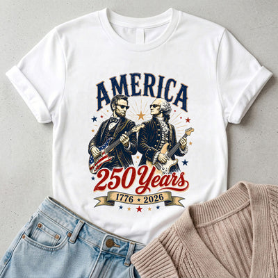 Distressed George Washington Abraham Lincoln Playing Guitar T-shirt, America 250 Years T-Shirt, 1776 2026 USA Anniversary Shirt
