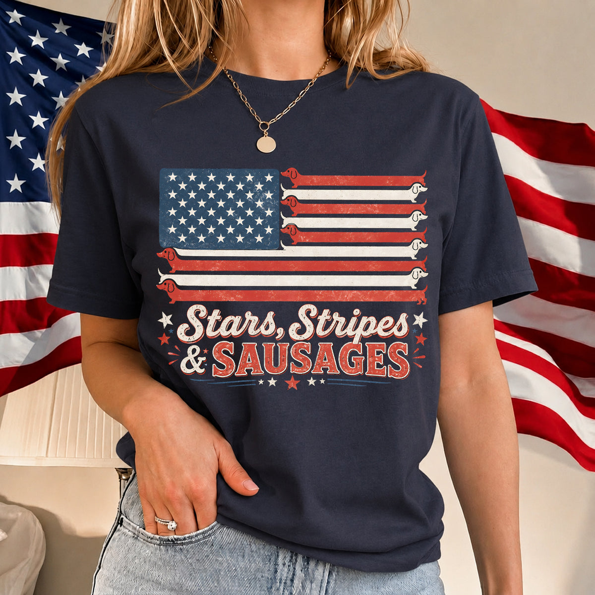 Stars, Stripes &amp; Sausages Dachshund American Flag T-shirt, Vintage Wiener Dog 4th of July Tshirt, Patriotic Doxie Gift America 250 Celebration T-shirt