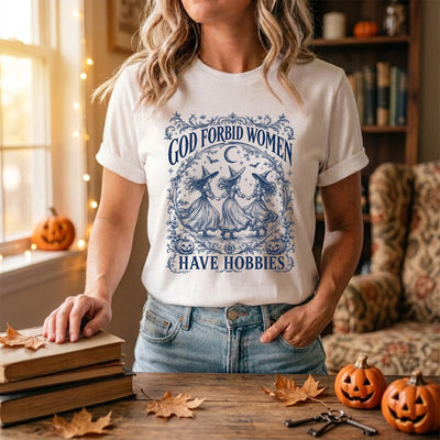 God Forbid Women Have Hobbies T-Shirt, Blue Toile Witch Tee, Vintage Halloween Aesthetic Shirt